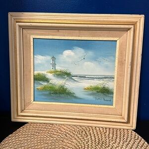 Vintage Signed Betty Moore Framed Oil on Canvas Painting Lighthouse Seascape